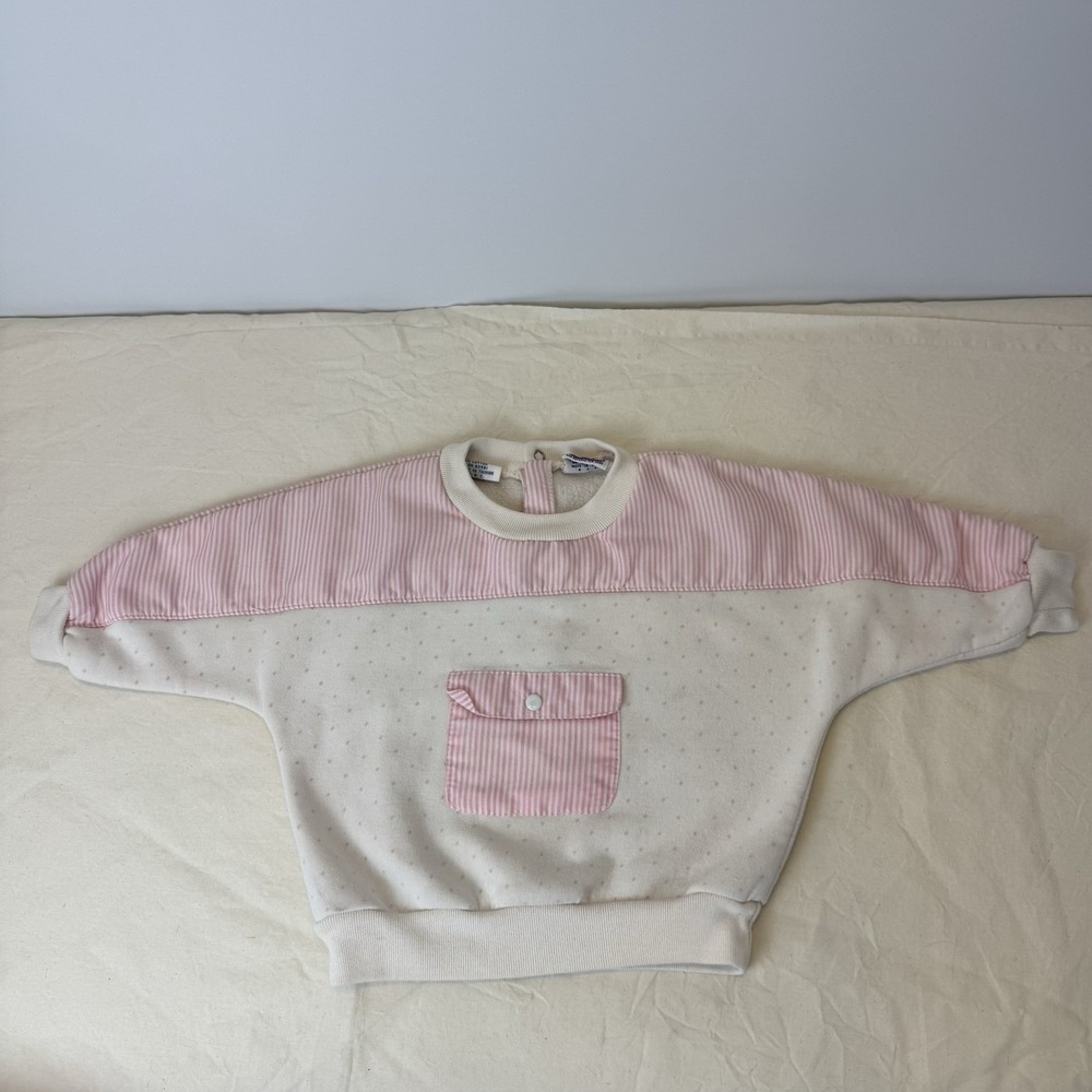 VTG PETIT AMI Pullover Sweater Front‎ Pocket Snap Buttons Pink White Size 18 Mos